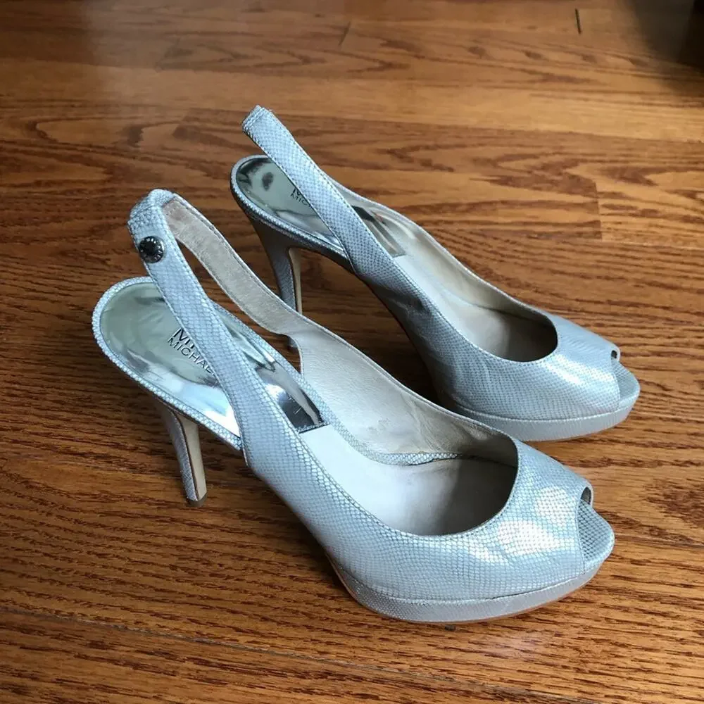 MICHAEL KORS Metallic White Leather York Sling Back Platform Heels Size 7.5